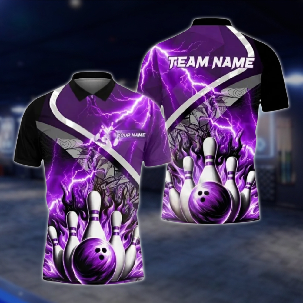Personalized Blue Flame Thunder Bowling Polo Shirt Men, Custom Flame Bowling Shirt Team BZ0804 BOW0103