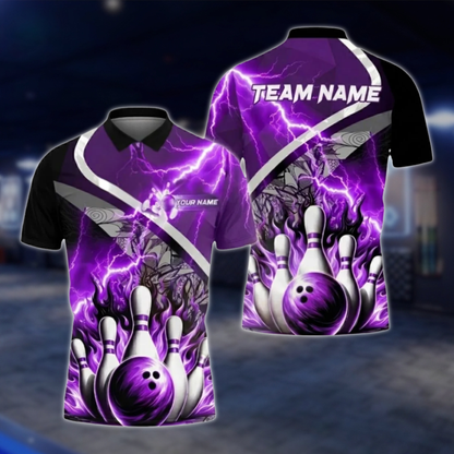 Personalized Blue Flame Thunder Bowling Polo Shirt Men, Custom Flame Bowling Shirt Team BZ0804 BOW0103