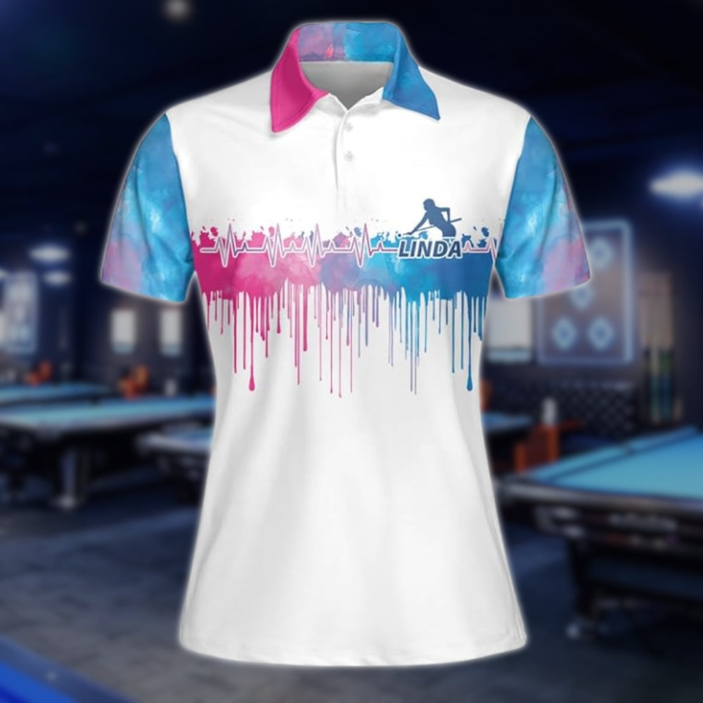 Custom Team Blue Pink Water Color Women's Billiard Polo Shirt, Custom Billiard Shirts For Ladies BLD0010