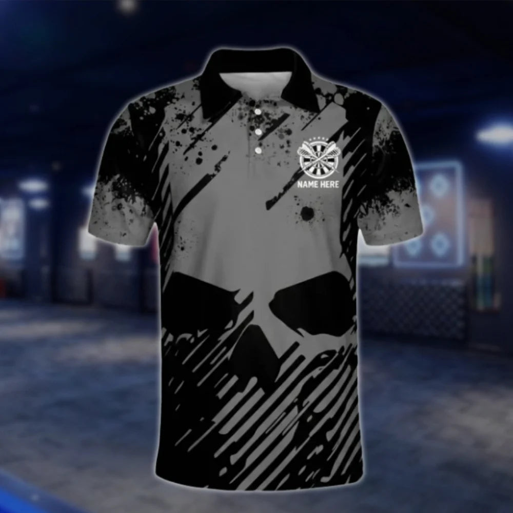 Custom Mens Skull Dart Polo Shirt Black, Custom Skull Darts Team Shirts DAT0469