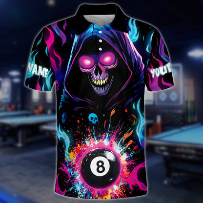Men's Custom Colorful Skull 8 Ball Billiard Polo Shirts, Custom Skull Billiard Team Shirts BLD0143