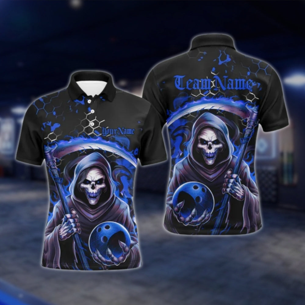 Skeleton Custom Mens Black Red Bowling Polo Shirt, Custom Skull Bowling Team Shirts BO0425 BOW0392