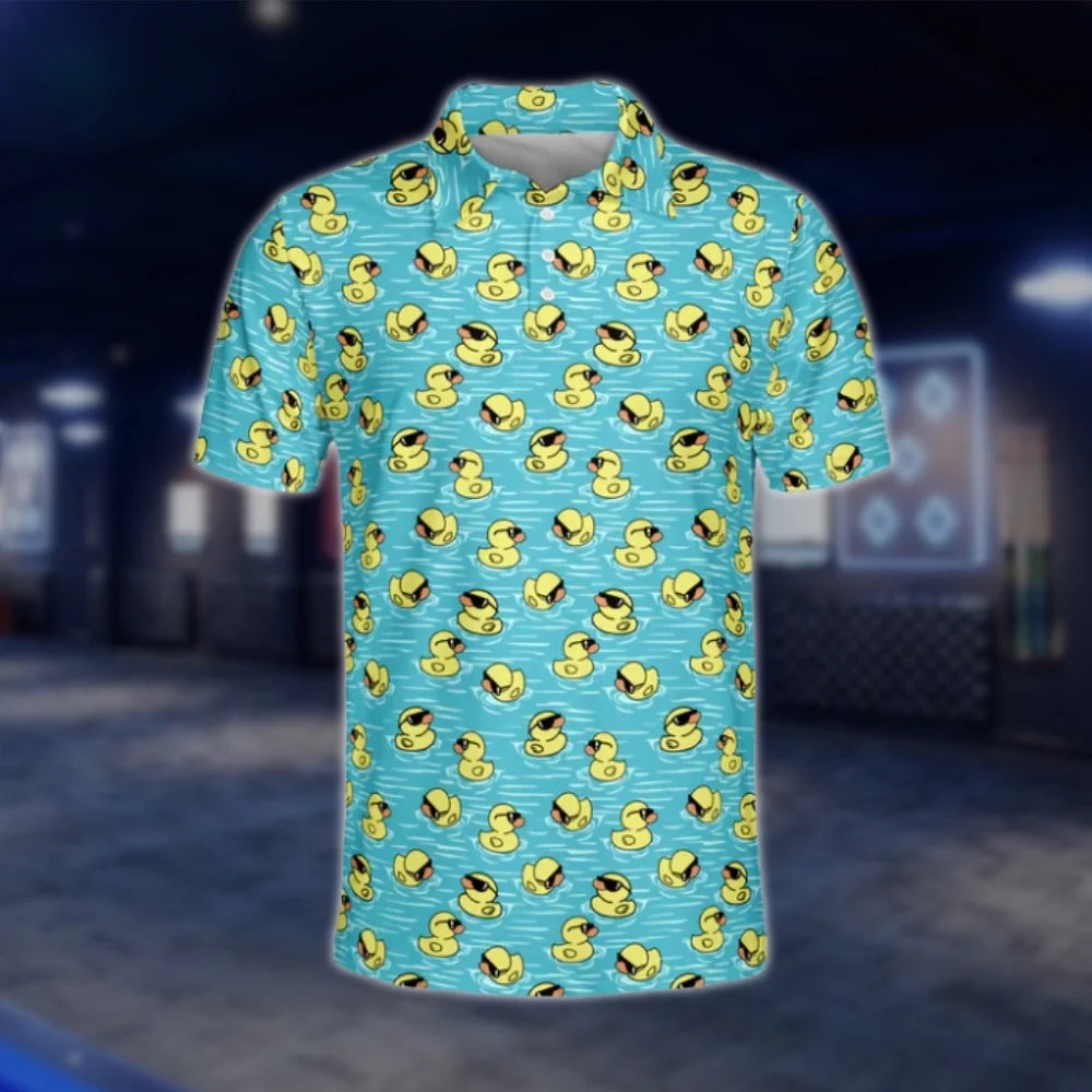 Funny Duck Men's Blue Yellow Golf Polo Shirt, Duck Golf Shirts GOF0132