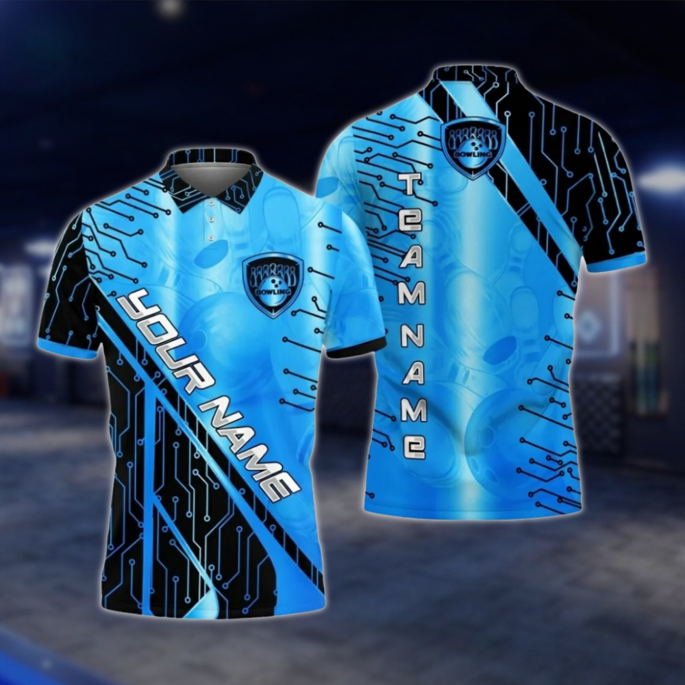 Personalized Cyan Black Electronic Circuit Bowling Polo Shirt For Men, Custom Team Bowling Shirt BZ0780 BOW0127