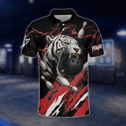 Personalized Tiger Red Black Bowling Mens Polo Shirt, Custom Tiger Bowling Shirt Team BZ0781 BOW0126