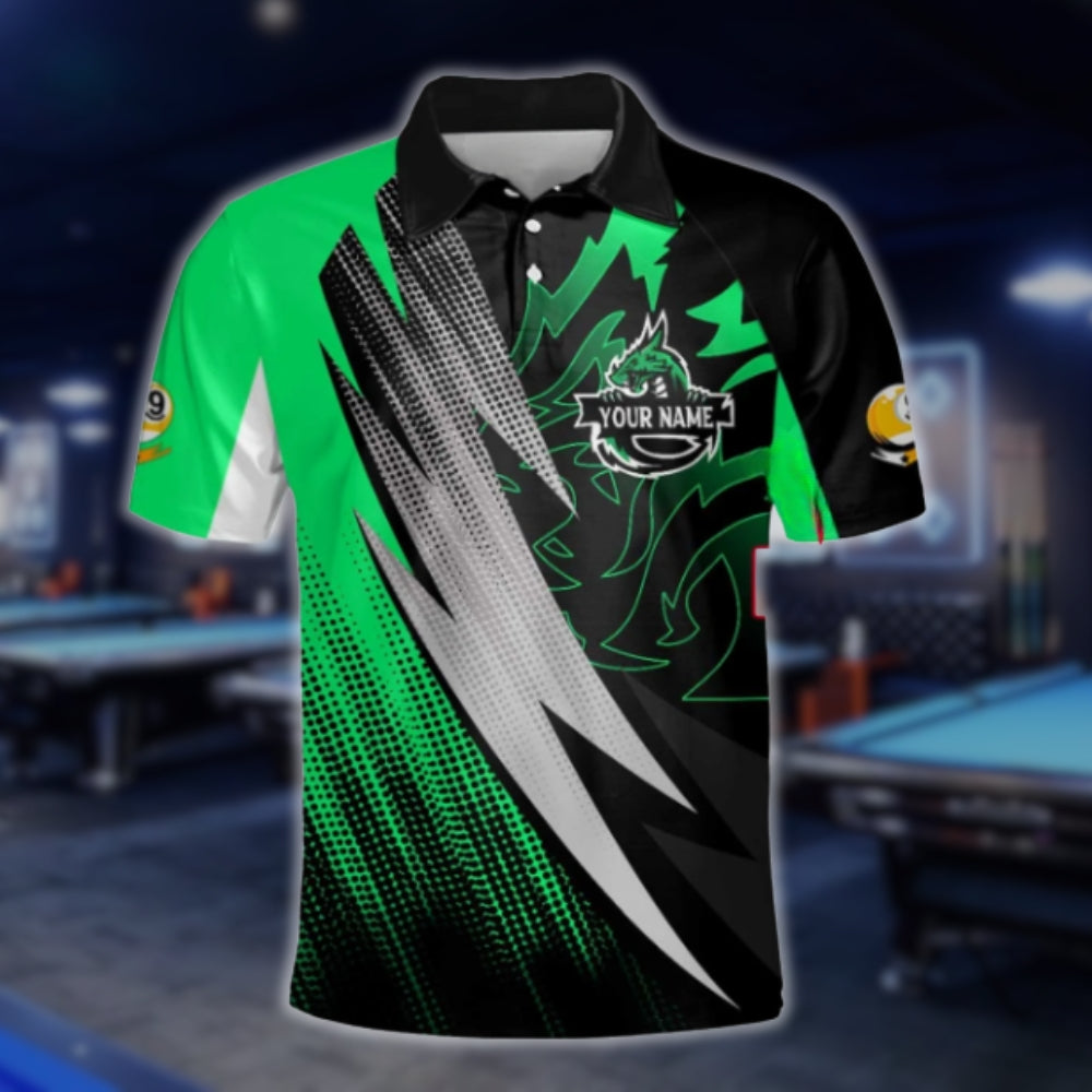 Custom Dragon 9 Ball Men's Billiard Polo Shirt Black Green, Custom Dragon Billiard Team Shirts BLD0037