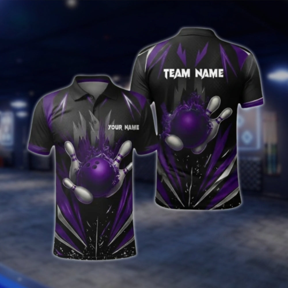 Black And Blue Custom Mens Team Bowling Polo Shirt, Custom Bowling Shirt For Team BZ0368 BOW0382