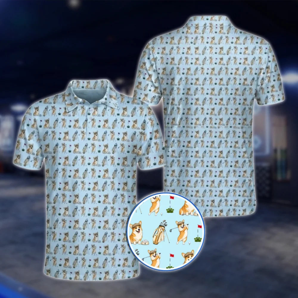 Corgi Playing Golf Men's Golf Polo Shirt, Corgi Lover Golf Shirts GOF0035