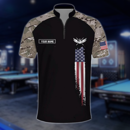 Custom Camo American Flag Billiard Jersey For Men, Custom Patriotic Pool Billiard Team Shirts BLD0292