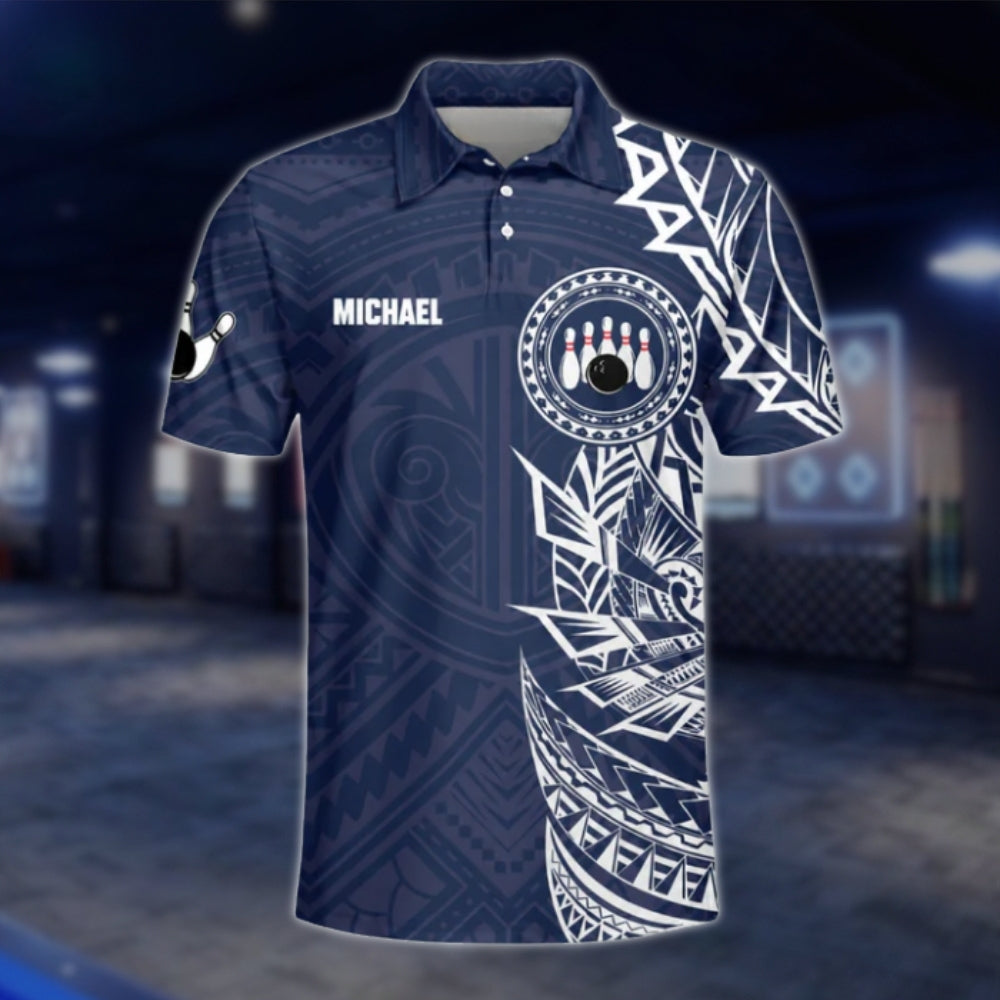 Custom Tribal Blue And White Bowling Polo Shirt For Mens, Custom Tribal Bowling Team Shirts BO0192 BOW0259