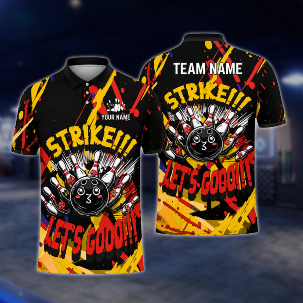 Strike Let's Go Custom Graffiti Red Yellow Bowling Polo Shirt Mens, Custom Funny Bowling Team Shirts BZ0477 BOW0411