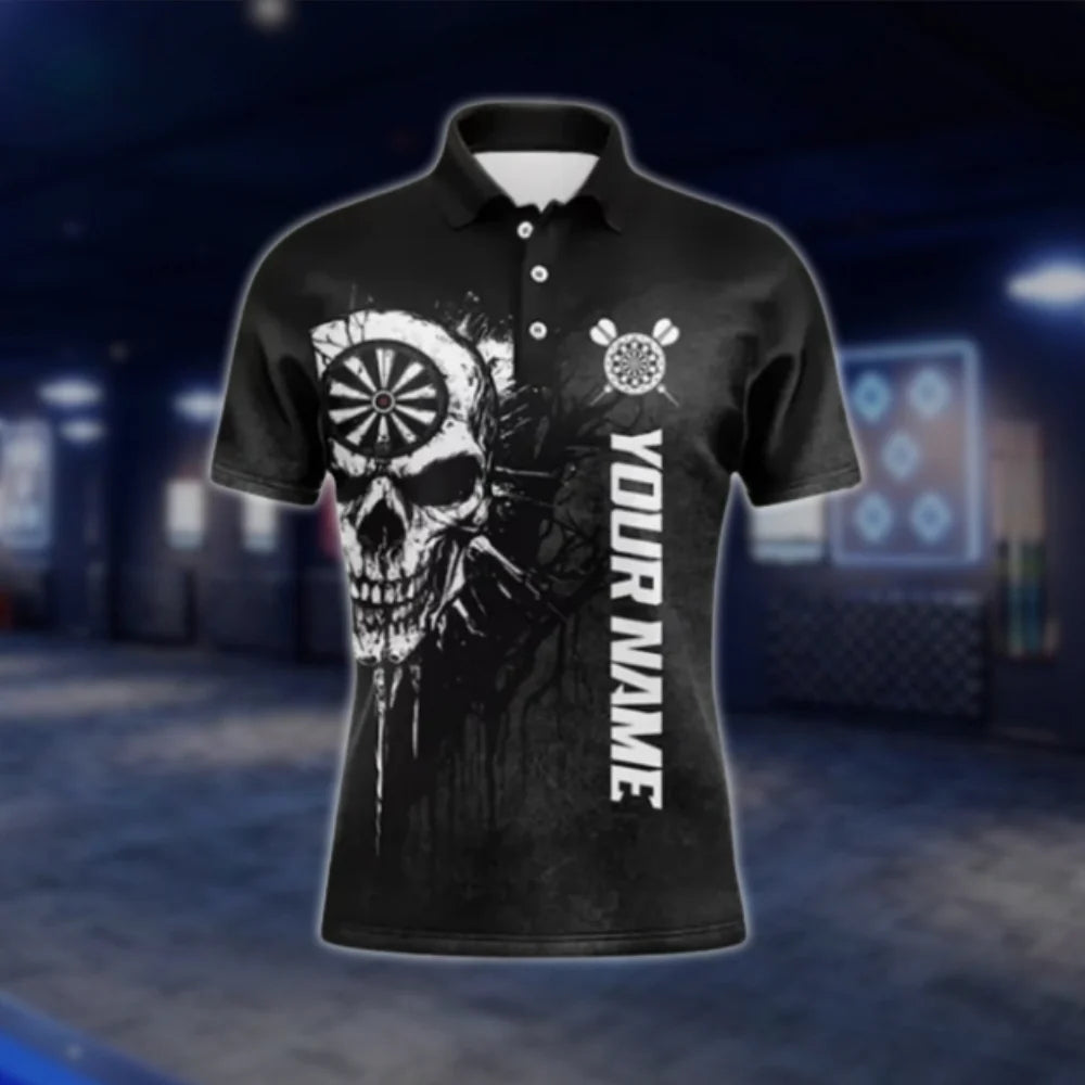 Custom Skull Black Mens Dart Polo Shirt, Custom Skull Dart Team Shirts DAT0354