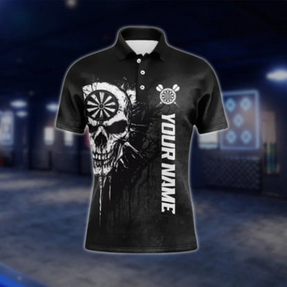 Custom Skull Black Mens Dart Polo Shirt, Custom Skull Dart Team Shirts DAT0354