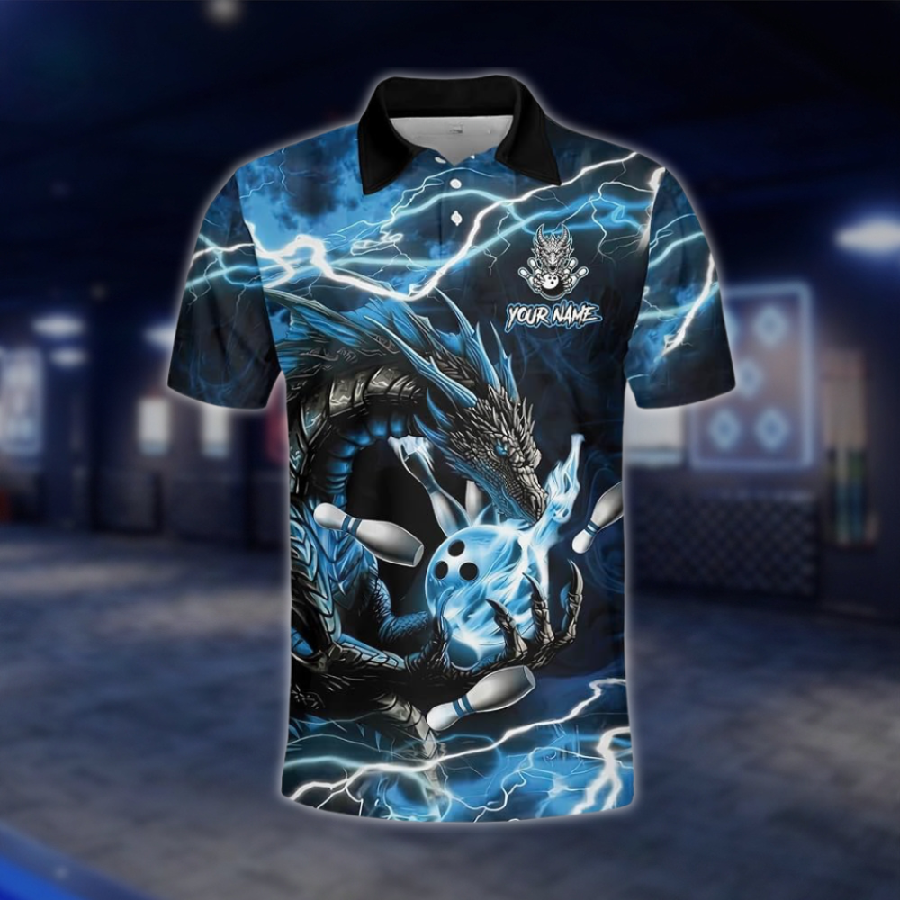 Personalized Dragon Men's Blue Thunder Bowling Polo Shirt, Custom Dragon Bowling Shirt Team BZ0921 BOW0020