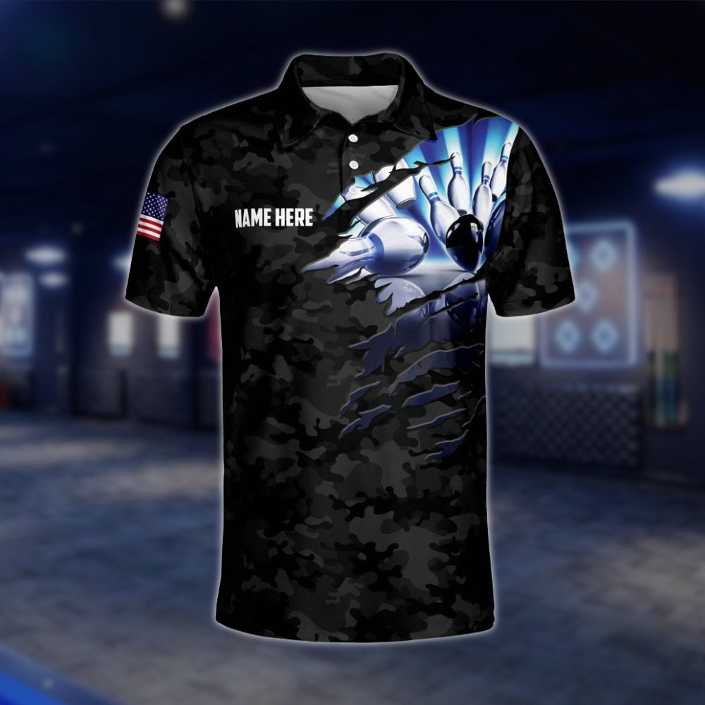 Custom Camo Black Blue Bowling Polo Shirt For Men, Custom Camo Bowling Team Shirts BZ0194 BOW0272