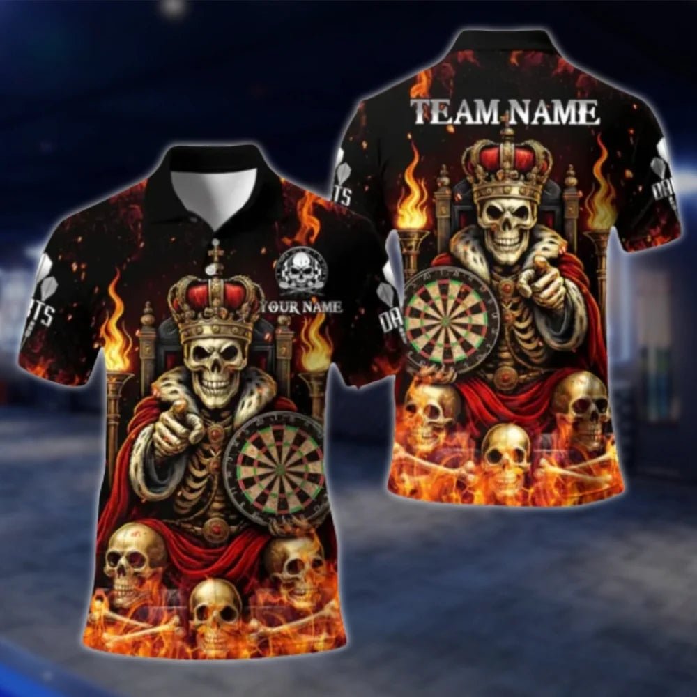 King Skull Custom Mens Purple Flame Dart Polo Shirt, Custom Skull Dart Team Shirts DAT0429