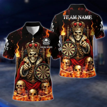 King Skull Custom Mens Purple Flame Dart Polo Shirt, Custom Skull Dart Team Shirts DAT0429