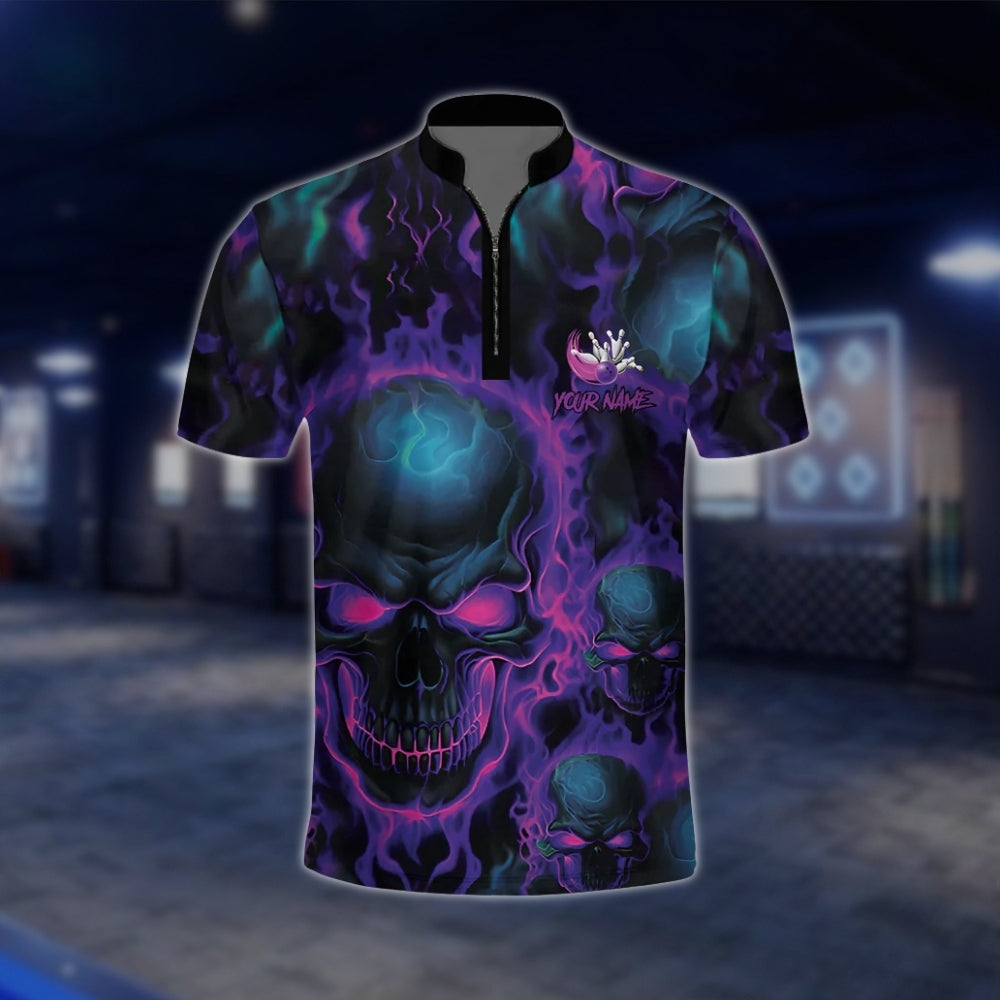 Custom Skull Neon Purple Bowling Jersey For Mens, Custom Skeleton Bowling Team Shirts BZ0142 BOW0453