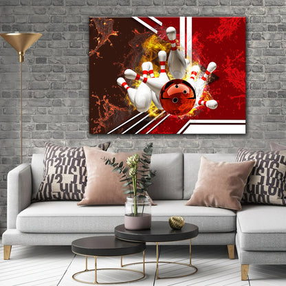 Red Bowling Ball On Fire Crashing Pins Graphic Printed Canvas Bowl Game Living Room Decor Gift For Bowlers ORN0131