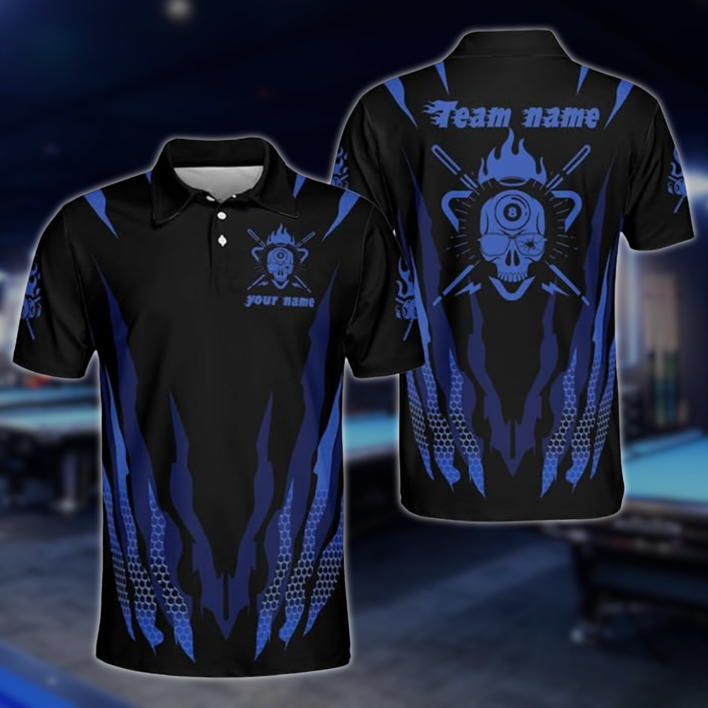 Red And Black Custom Grunge Skull Billiard Polo Shirts For Men, Custom Skull Billiard Team Shirts BLD0225