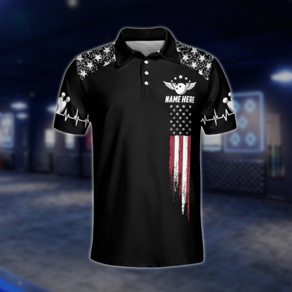 Personalised American Flag Black Polo Bowling Team Shirts, Custom Patriotic Bowling Shirts Team BZ0049 BOW0460
