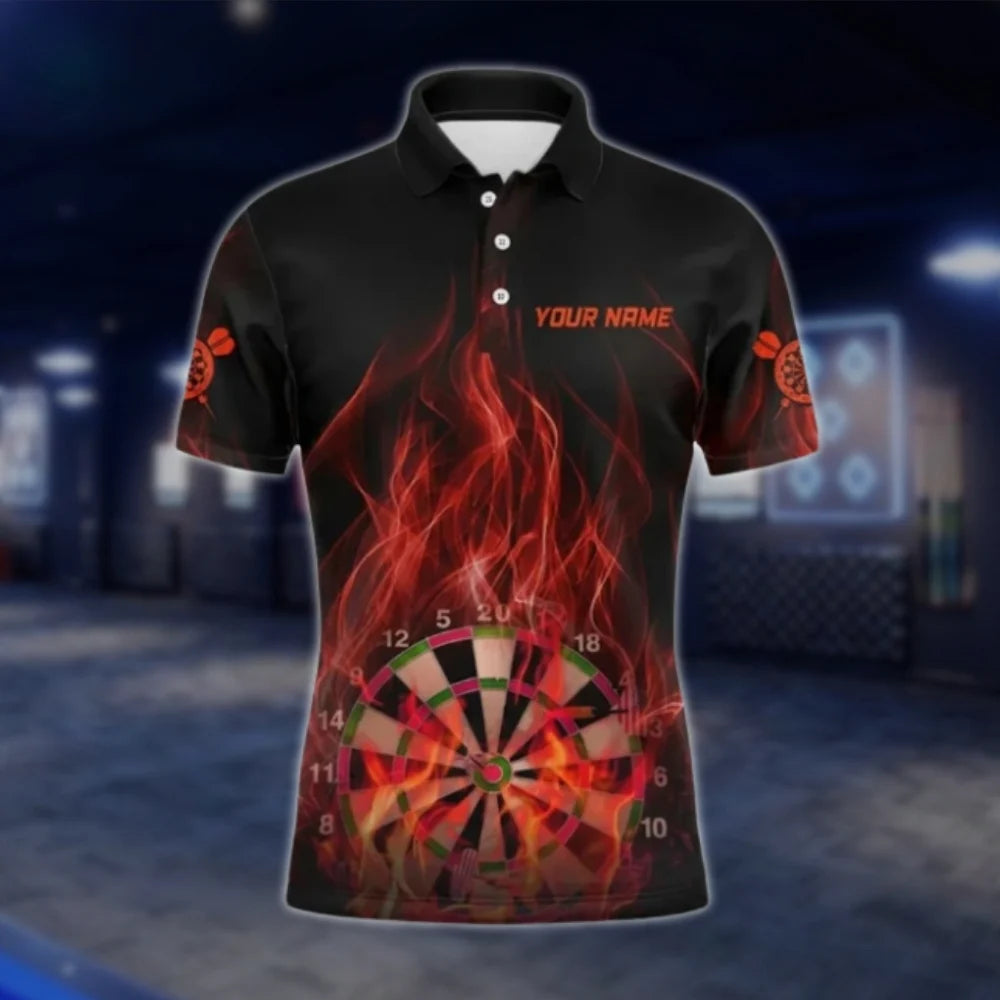 Custom Red Fire Dartboard Men's Dart Polo Shirt, Custom Flame Dart Team Shirts DAT0336