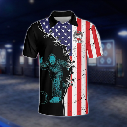 Personalized Bigfoot USA Flag Men's Bowling Polo Shirt, Custom Sasquatch Bowling Shirt For Team BZ0784 BOW0123