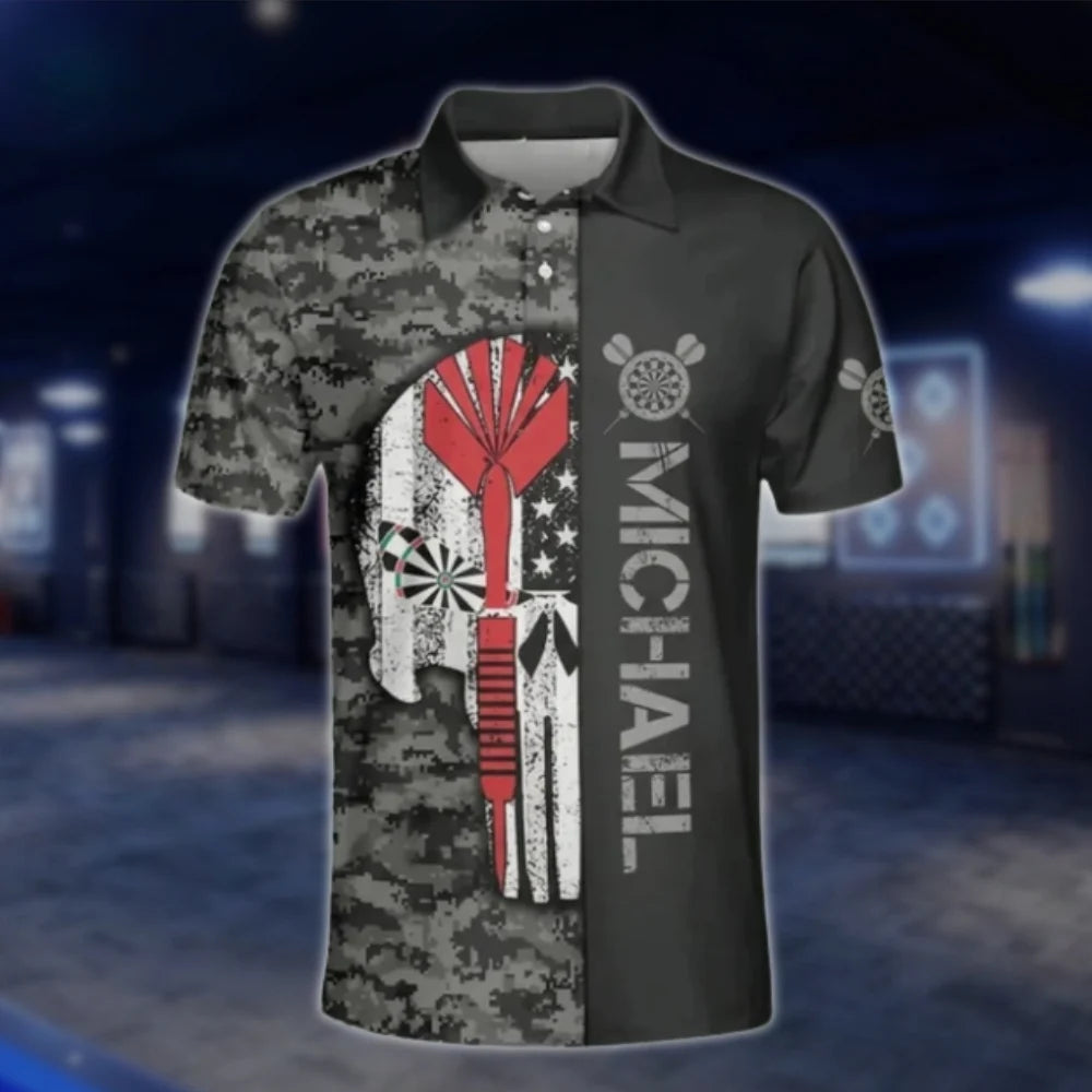 Personalized Skull Camo Black Dart Polo Shirt For Men, Custom Skull Dart Team Shirts DAT0240