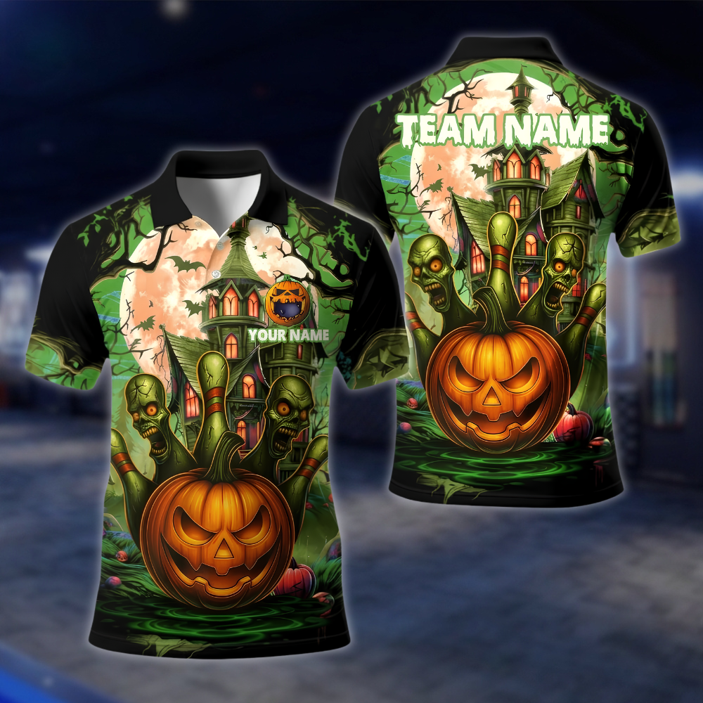 Personalized Skull Pumpkin Bowling Polo Shirt Mens, Custom Halloween Bowling Shirt For Team BE0249 BOW0033
