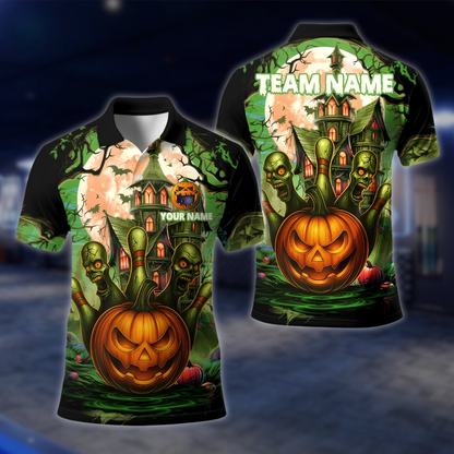 Personalized Skull Pumpkin Bowling Polo Shirt Mens, Custom Halloween Bowling Shirt For Team BE0249 BOW0033