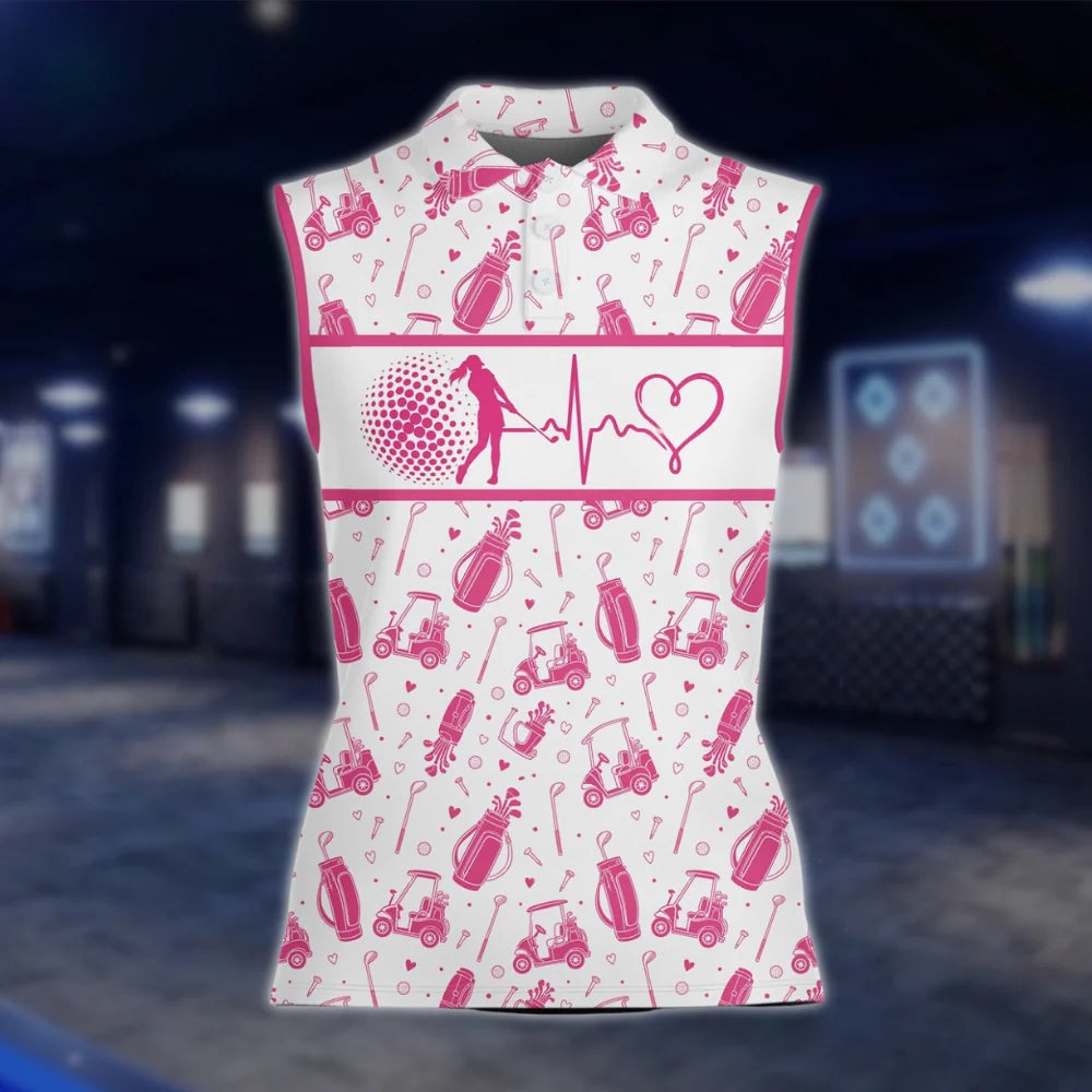 Heartbeat Golf Pattern Women's Golf Polo Shirt, White And Pink Womens Golf Shirt GOF0016
