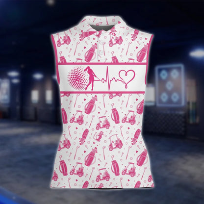 Heartbeat Golf Pattern Women's Golf Polo Shirt, White And Pink Womens Golf Shirt GOF0016