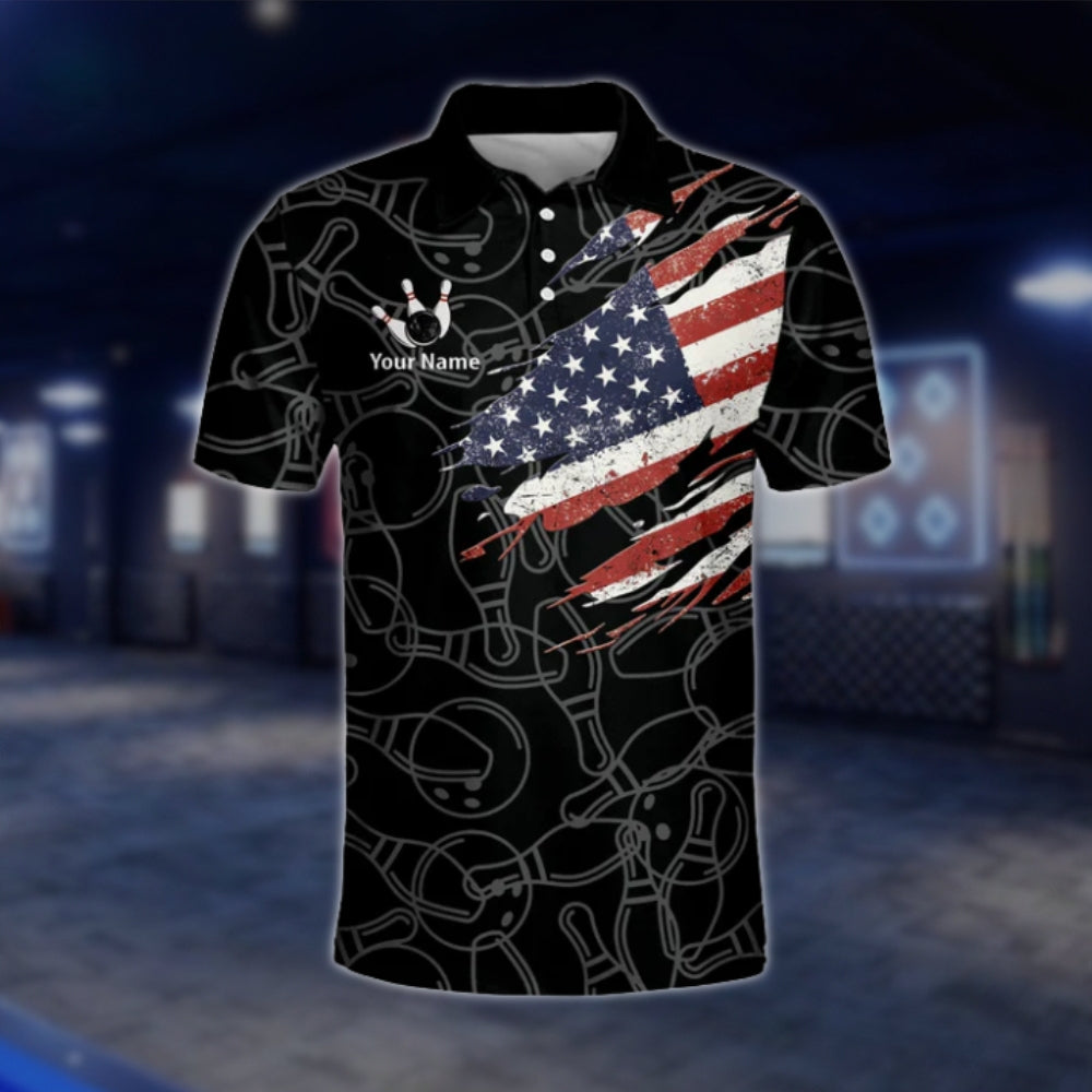 Custom American Flag Grunge Mens Black Bowling Polo Shirt, Custom Patriotic Bowling Team Shirts BM0323 BOW0439