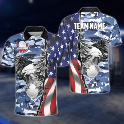 Personalized Eagle American Flag Men's Golf Polo Shirt, Custom Team Eagle Patriotic Golf Shirt GOF0123
