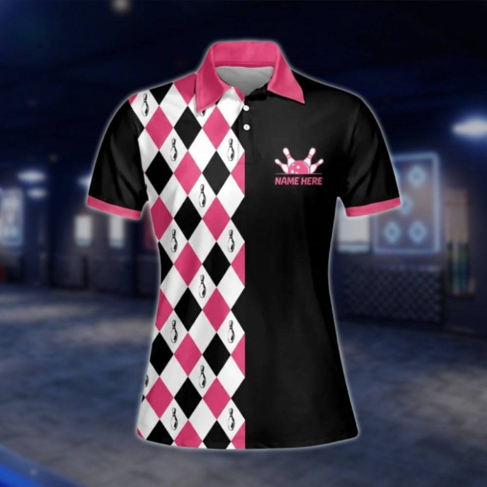 I'd Hit That Argyle Black Pink Custom Womens Bowling Polo Shirt, Custom Funny Bowling Shirt For Women BW0103 BOW0238