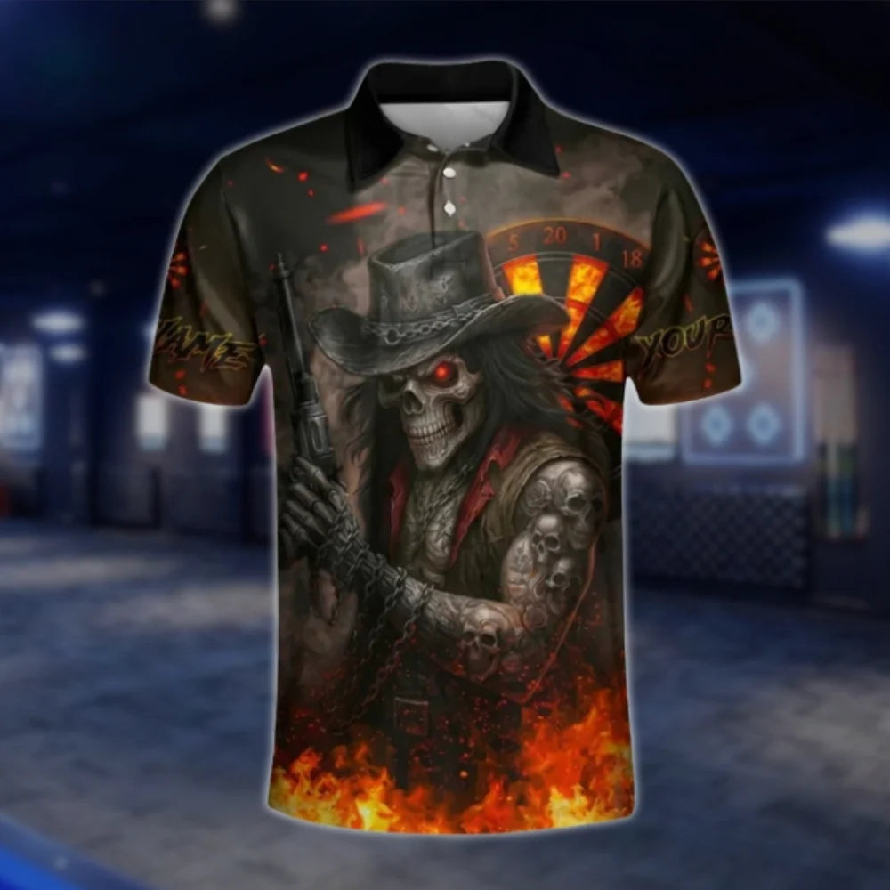 Reaper Skeleton Flaming Custom Mens Dart Polo Shirt, Custom Team Skull Dart Shirts DAT0275