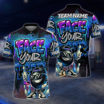 Face Your Fear Personalized Fun Ball Bowling Polo Shirt Men, Custom Funny Team Bowling Shirt Graffiti BZ0859 BOW0089