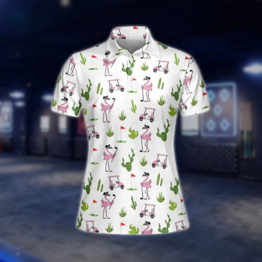 Womens Flamingo Cactus Golf Polo Shirts, Flamingo Golf Shirts Women GOF0282