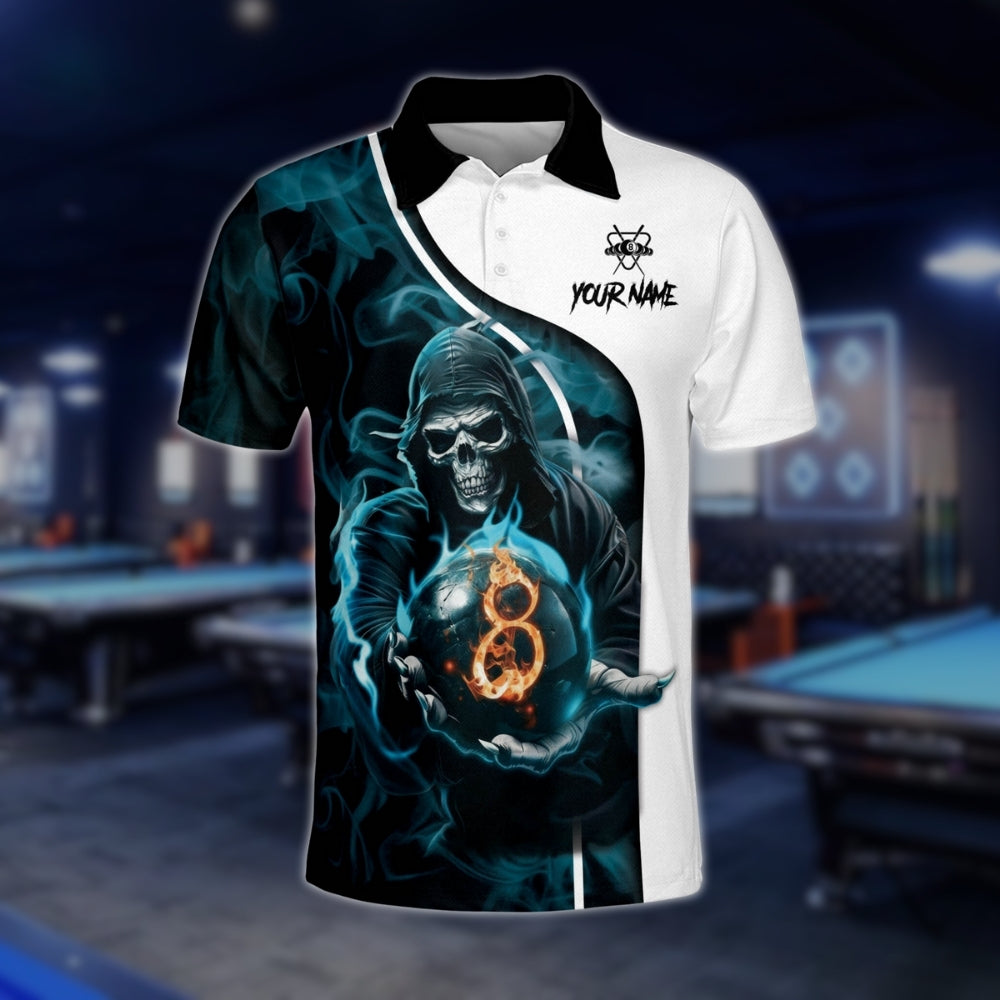 Custom Skull 8 Ball Cyan Billiard Polo Shirt For Mens, Custom Skull Billiard Team Shirts BLD0231