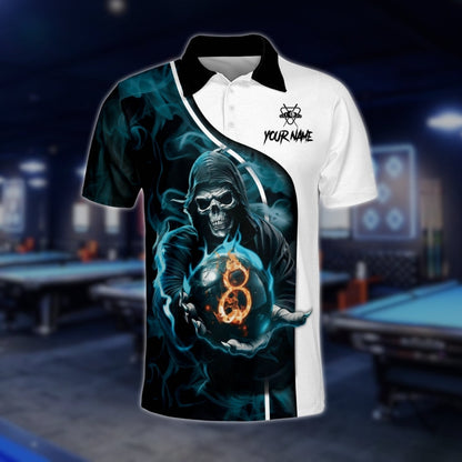 Custom Skull 8 Ball Cyan Billiard Polo Shirt For Mens, Custom Skull Billiard Team Shirts BLD0231