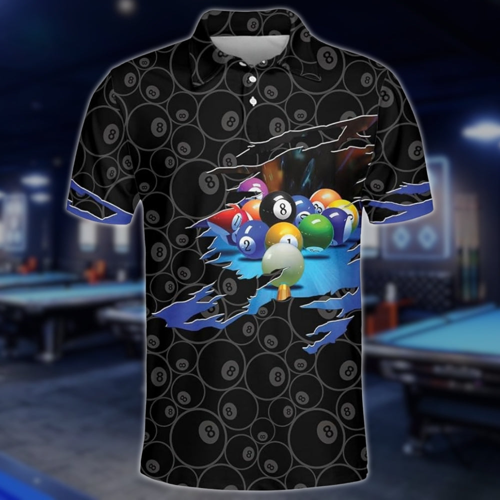 Custom Black Grunge 8 Ball Billiard Polo Shirt Mens, Custom Pool Billiard Shirts BLD0202