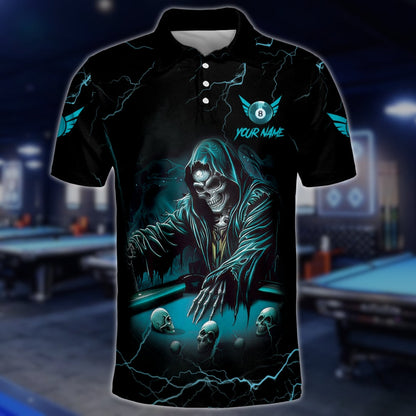 Custom Cyan Skull Billiard Polo Shirt For Mens, Custom Team Skull Billiard Shirts BLD0146