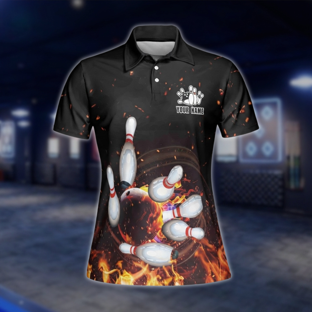 Personalized Womens Flame Bowling Polo Shirt, Custom Flame Bowling Team Shirts Ladies BZ0744 BOW0175