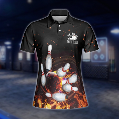 Personalized Womens Flame Bowling Polo Shirt, Custom Flame Bowling Team Shirts Ladies BZ0744 BOW0175