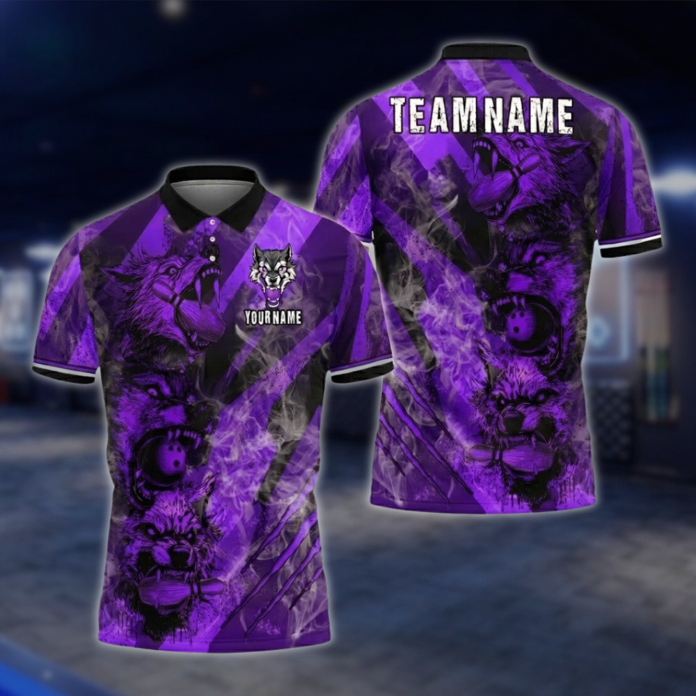 Personalized Wolf Mens Bowling Polo Shirt Blue Smoke, Custom Wolf Bowling Shirts For Team BZ0753 BOW0166