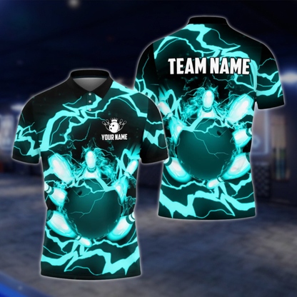 Custom Flame Thuder Men's Blue Bowling Polo Shirt, Custom Flame Bowling Shirts For Team BO0359 BOW0299