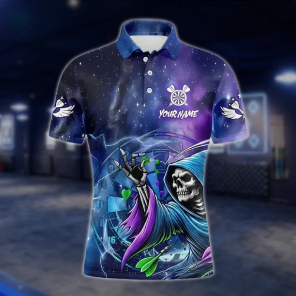 Custom Skeleton Purple Galaxy Dart Mens Polo Shirt, Custom Skull Dart Shirts For Team DAT0425