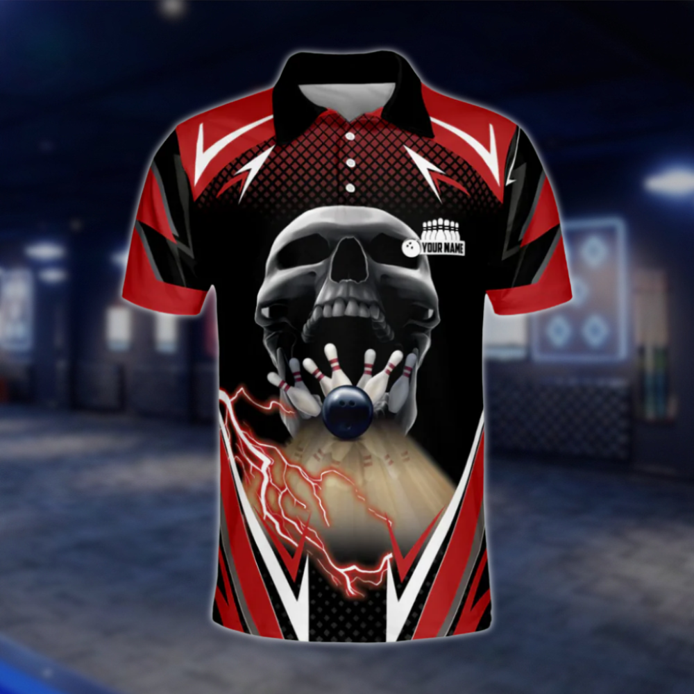 Custom Skeleton Black Red Bowling Polo Shirt For Mens, Custom Skull Team Bowling Shirts BM0292 BOW0413