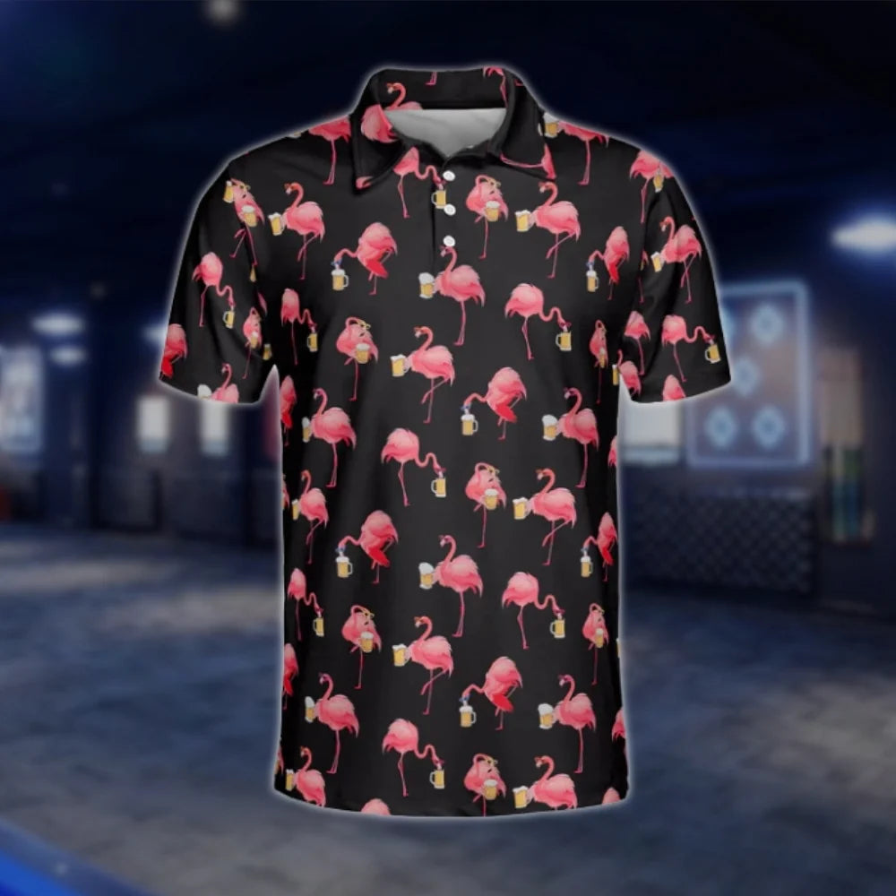 Flamingo And Beer Men's Black Pink Golf Polo Shirt, Flamingo Golf Shirts GOF0167