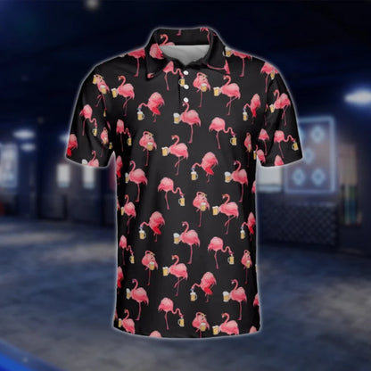 Flamingo And Beer Men's Black Pink Golf Polo Shirt, Flamingo Golf Shirts GOF0167